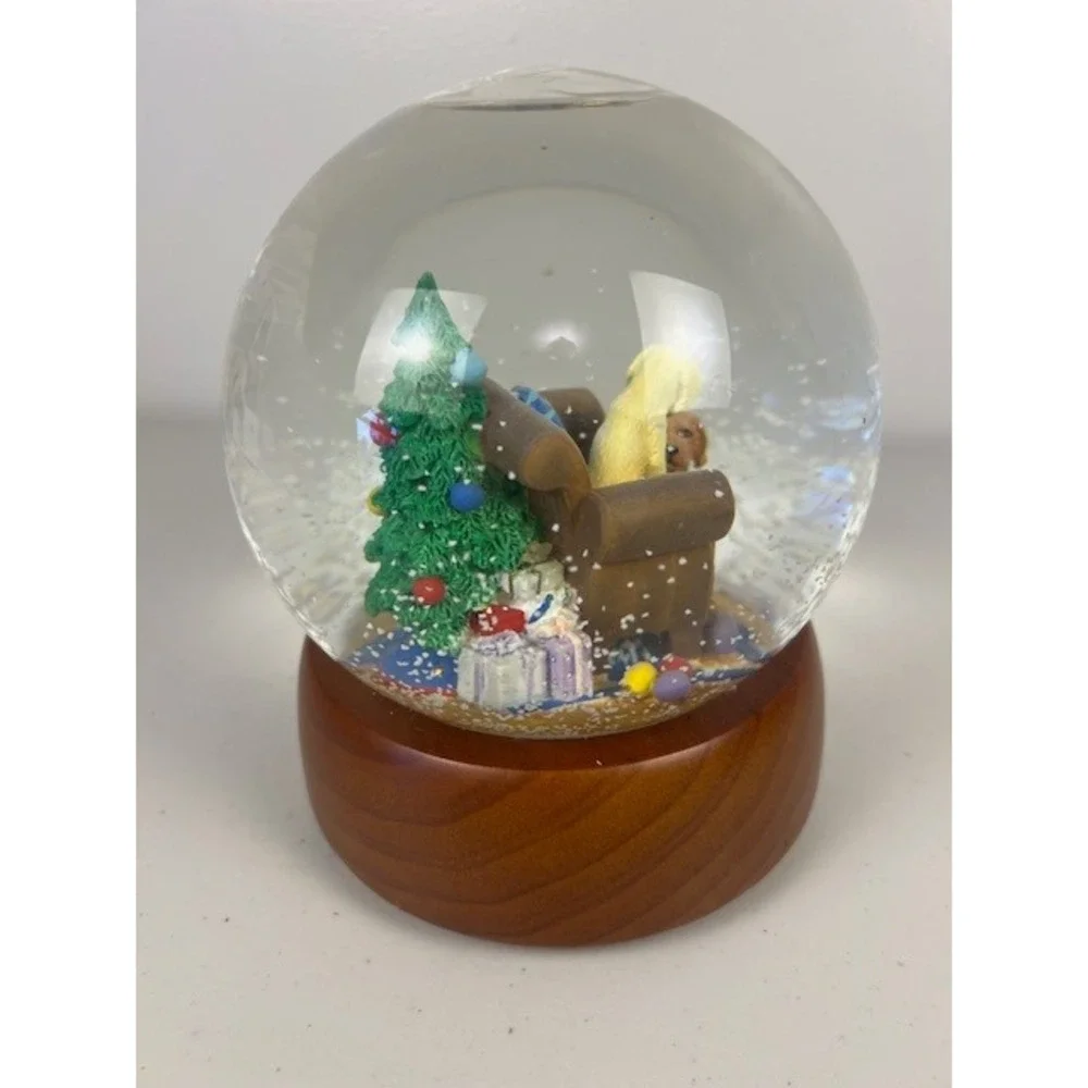 Pottery Barn Y2K‎ Christmas Snow Globe Golden Retriever Puppies Wood Base 7.5 In